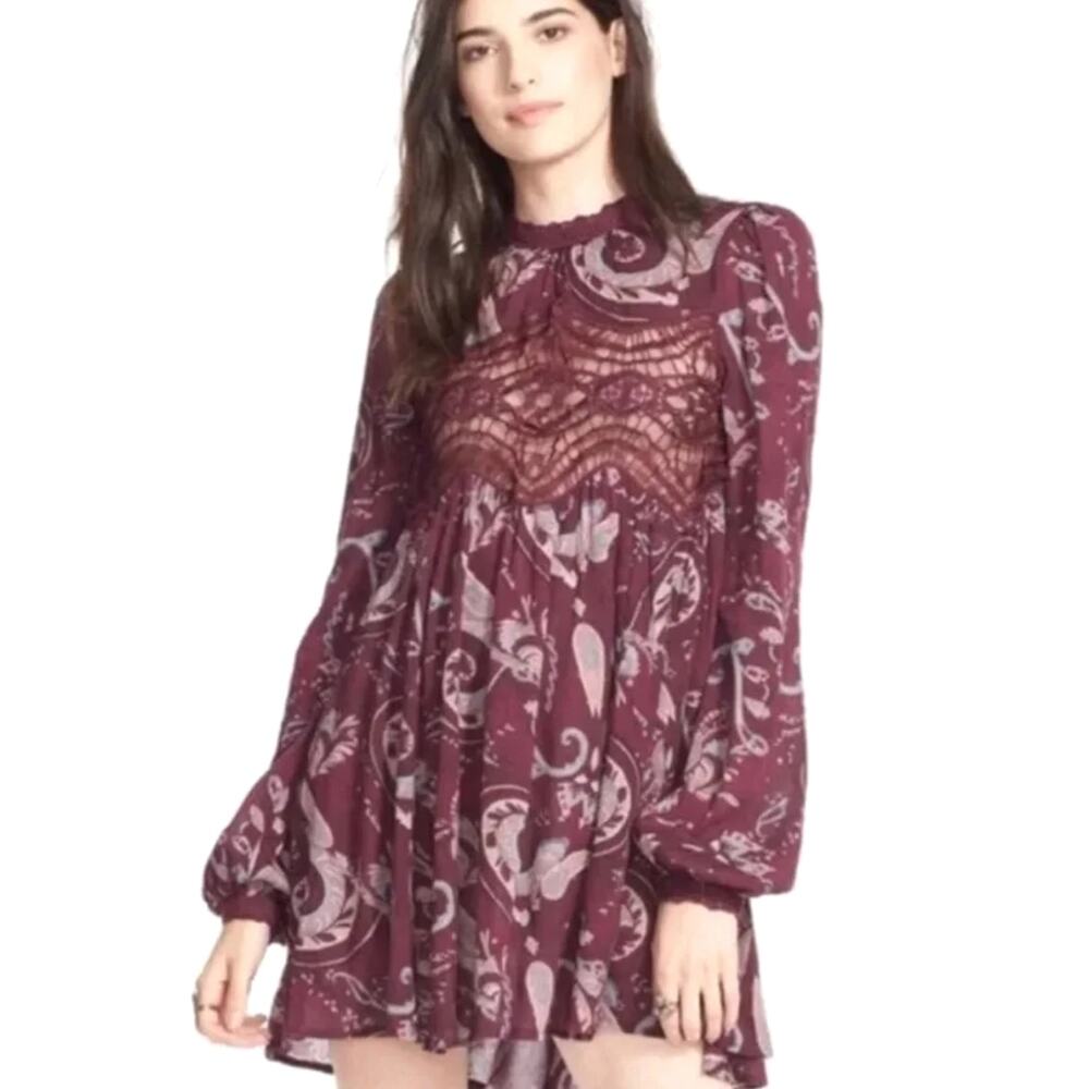 Free People SWEET THING Crochet Lace Paisley Swing Tunic Dress Royal M NWT $128